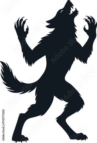 Black werewolf illustration with outstretched claws presented on transparent background silhouette