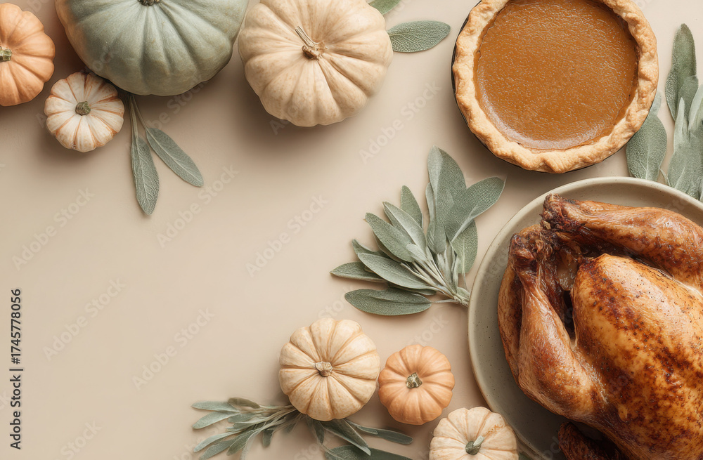 custom made wallpaper toronto digitalOverhead view of a festive Thanksgiving dinner spread with roasted turkey, pumpkin pie, various mini pumpkins, and fresh sage leaves on a light beige background.