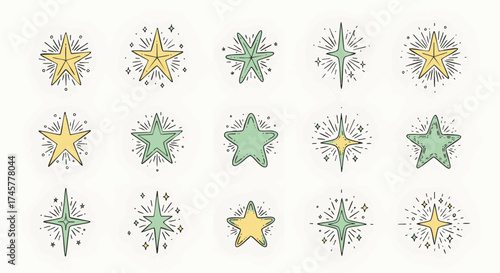 Diverse Collection of Vector Star Icons with Sparkling Effects and Luminous Outlines, Ideal for Adding Whimsical Charm and Festive Flair to Digital Designs