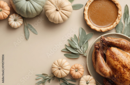 Wallpaper Mural Overhead view of a festive Thanksgiving dinner spread with roasted turkey, pumpkin pie, various mini pumpkins, and fresh sage leaves on a light beige background. Torontodigital.ca