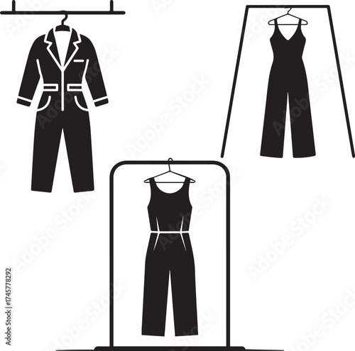 Jumpsuit and Blazer Silhouette Icons – Fashion Outfit on Hanger Vector Design