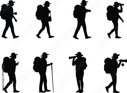 Hiker silhouettes, outdoor explorer poses, backpack traveler walking, adventure photography concept, nature exploration lifestyle, trekking journey, wilderness travel, hiking activity illustration