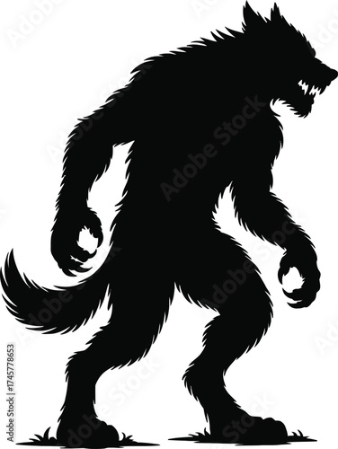 Dramatic werewolf illustration in a dynamic pose on transparent background silhouette