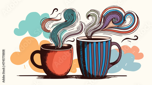 Hot Steaming Coffee in Striped Mug for Cafe Breakfast Vector Illustration