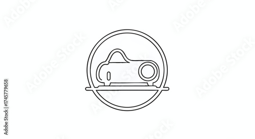 Minimalist outline icon of a vintage car within a circular frame, representing classic automobiles and automotive heritage