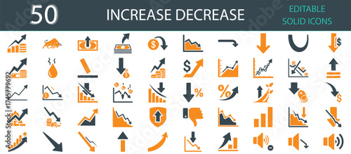 Increase Decrease solid fill icons set of 50. Editable glyph vector illustrations showing growth, profit, loss, financial uptrend, downtrend, analytics, stock exchange, and economic performance charts