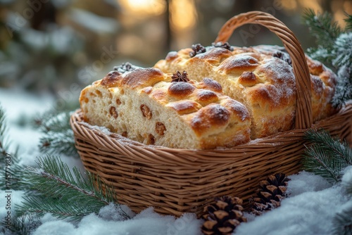 Basket filled with bread on snowy ground.
