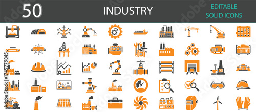 Industry solid fill icons set of 50. Editable glyph vector symbols showing manufacturing, construction, factory, robotics, production, engineering, automation, machinery, and industrial process concep