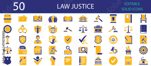 Law Justice solid fill icons set of 50. Editable glyph vector collection showing court, judge, gavel, police, legal document, rights, balance scale, constitution, and law enforcement concepts