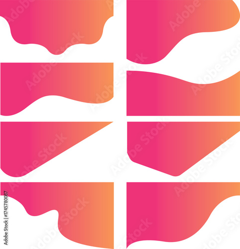 Collection of eight abstract gradient banners with wavy and geometric shapes in pink and orange hues