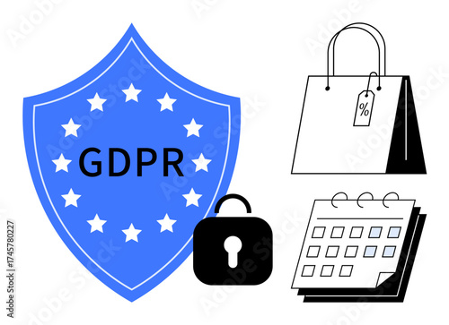 Shield labeled GDPR surrounded by stars, lock symbolizing data security, shopping bag with discount tag, and calendar. Ideal for data protection, privacy, policy, commerce, planning law simple flat