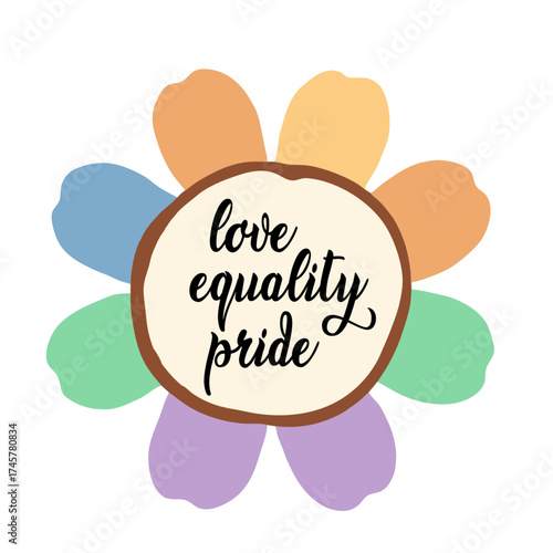 Lgbtq pride flower with love equality pride message in center celebrating diversity and inclusion