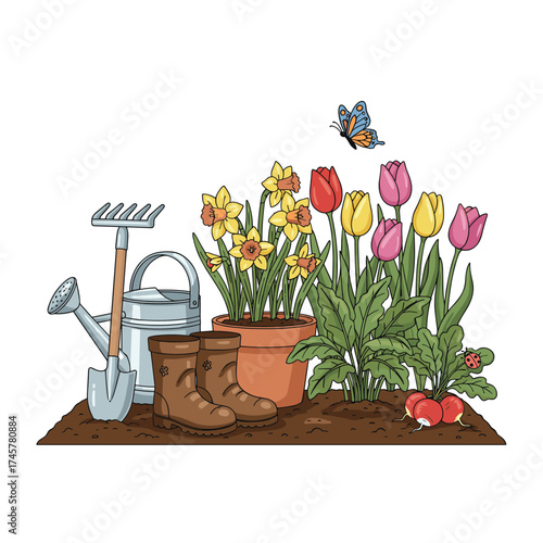 Vector illustration of gardening equipment and tools in a still life: watering can, flowers, shovel, flowerpot with plant, and rubber boots, all isolated on a white background