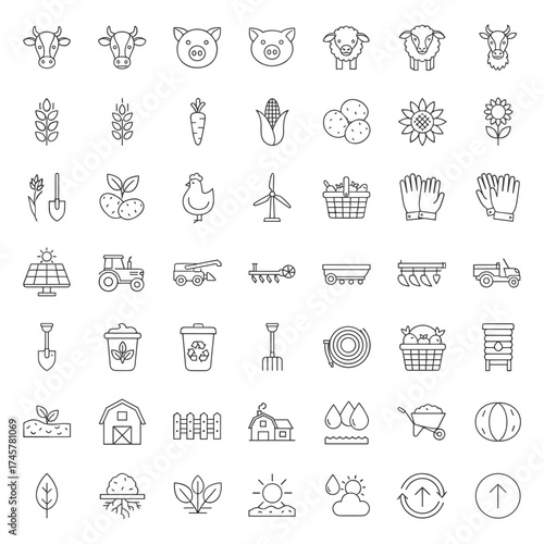 A collection of 70 line icons depicting farming, agriculture, gardening, smart farm, farm animals, and seeding, presented as outline symbols with editable strokes in vector format