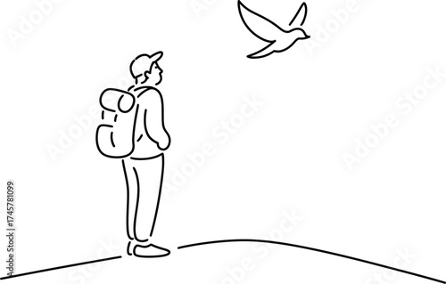 Man with backpack looking at bird flying isolated on white background