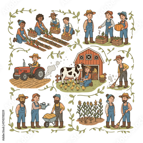 Characters depicting farm work: a farmer handling domesticated rural animals, a male agricultural worker in uniform carrying a bucket or basket, an agronomist working in the garden, all illustrated