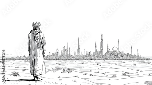 Traditional Man with Desert Cityscape in Background Vector Illustration