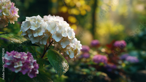 White hydrangeas in a lush garden with a blurred greenery background for gardening themes and background visuals.
