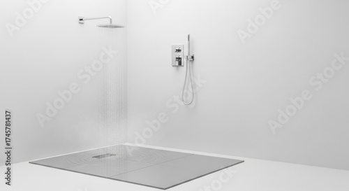 Modern shower area with a flat shower tray, wall-mounted shower head, and control panel against a plain white background.