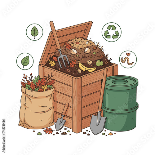 A collection of flat cartoon icons featuring an organic compost theme, including garden tools, a wooden box, ground, and food waste, illustrating bio, organic fertilizer, compost, and agronomy in a