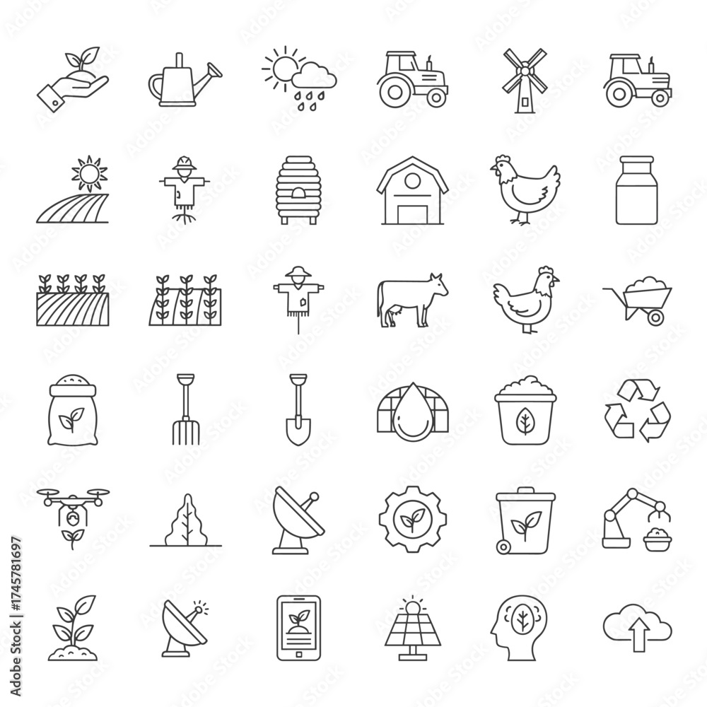 Fototapeta premium Editable line icons for agriculture: a vector set featuring modern thin‑line illustrations of agronomy‑related icons such as seedlings, plant care, harvest, and more