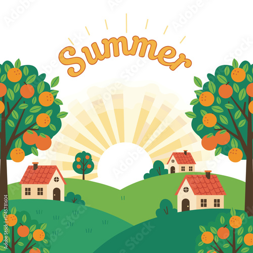 A vector illustration of a rural landscape featuring villages and an orchard with orange branches in the foreground
