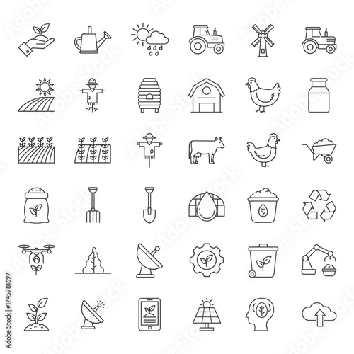 Editable line icons for agriculture: a vector set featuring modern thin‑line illustrations of agronomy‑related icons such as seedlings, plant care, harvest, and more