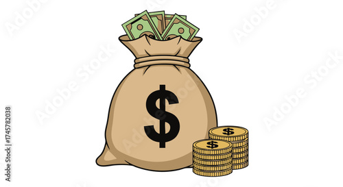 Illustration of a sack full of money and coins symbolizing wealth and financial success
