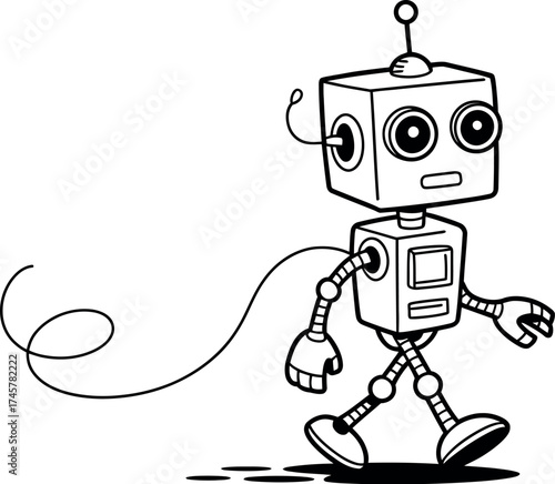 Cartoon robot walking isolated on white background, vintage style design