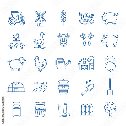 Two-color farm-themed icons featuring tractors, windmills, vegetables, handmade goods, and animals, with editable strokes