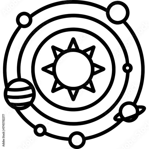 Solar system planets with sun outline icon vector