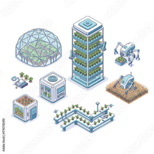 Vector illustration of a modern greenhouse featuring isometric elements, automated hydroponics, aeroponic smart garden beds, and a robotic assistant