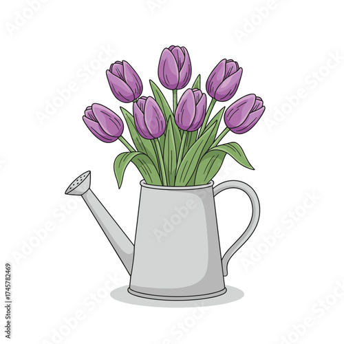 A vector illustration shows a watering can surrounded by purple tulips against a white backdrop, evoking healthy eating, spring gardening, and farming, with a vibrant floral arrangement