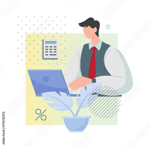 Work from Home - Young Man with Laptop - Illustration