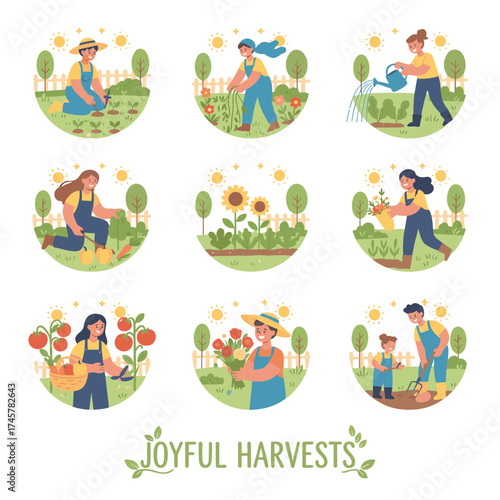 Modern flat vector illustration of diverse men and women gardening in spring, watering, planting, cutting, hoeing, and arranging