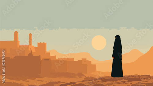 Mysterious Woman in Black Niqab Standing in Desert Town Scenery Vector