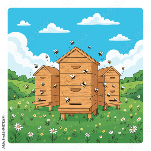 Colorful wooden beehive boxes dot the summer apiary landscape, perched on a green meadow surrounded by blooming daisies, bushes, and buzzing bees, with rural farm scenery and honey‑making equipment