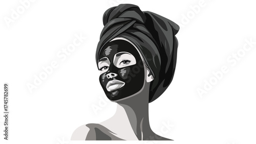Professional Woman Skincare Routine with Black Mud Mask and Turban for Beauty