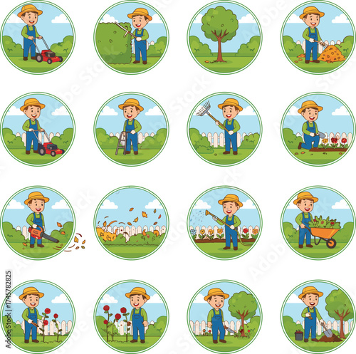 A set of flat vector illustrations featuring a male handyman gardener mowing grass, trimming trees and bushes, and performing backyard landscaping, plant cultivation, and nursery maintenance