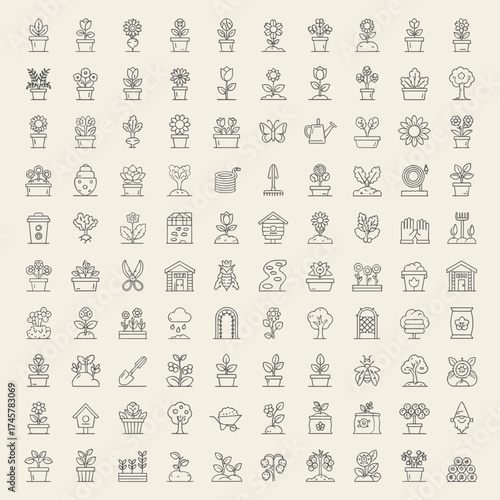 A modern line-style vector icon set depicting gardening, agriculture, land, farming, harvest, and related themes
