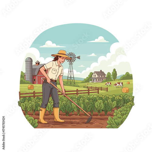 Joyful woman gathers produce in a rural farm setting, illustrated as a vector