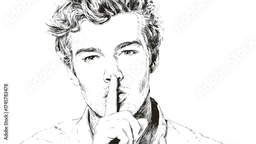 Young Man Quiet with Finger on Lips Shhh Gesture Concept
