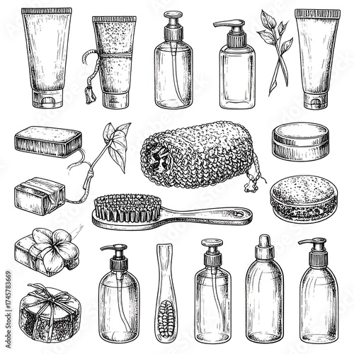 Hand-drawn skincare products and bath essentials