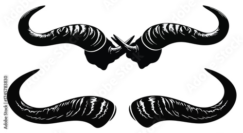A collection of isolated monochrome vector animal horns, featuring a symmetrical pair of large ram horns and a stylized mustache shape