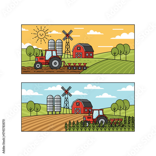 Agriculture and farming, agribusiness, rural scenery, design components for infographics, websites, and print media, vector illustration
