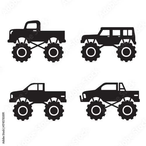 Vector illustration of monster pick up truck silhouette set