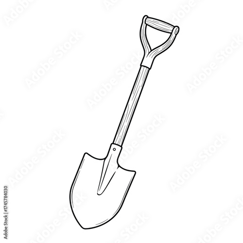 A simple black‑and‑white line drawing of a shovel, often used to represent digging and soil movement in gardening, farming, and construction