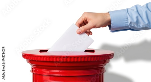 A hand depositing a white envelope into a red mailbox or ballot box.