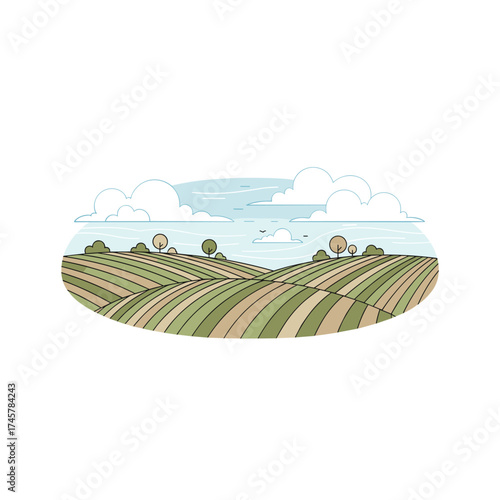 A hand‑drawn vector sketch of a rural countryside landscape, showcasing agricultural fields and cereal seedlings
