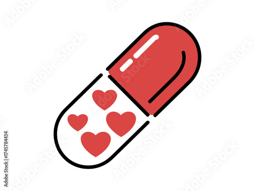 Illustration of a love pill with hearts isolated on white background